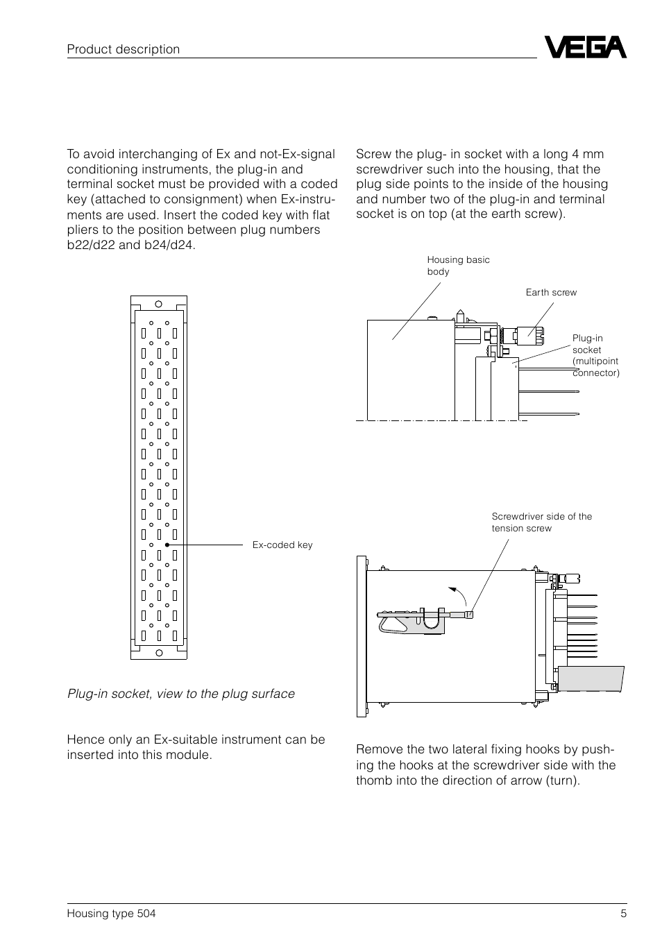 2 mounting, Coding, Screwing of the plug-in socket | Mount the housing into the front panel, Product description | VEGA Housing type 504 User Manual | Page 5 / 8