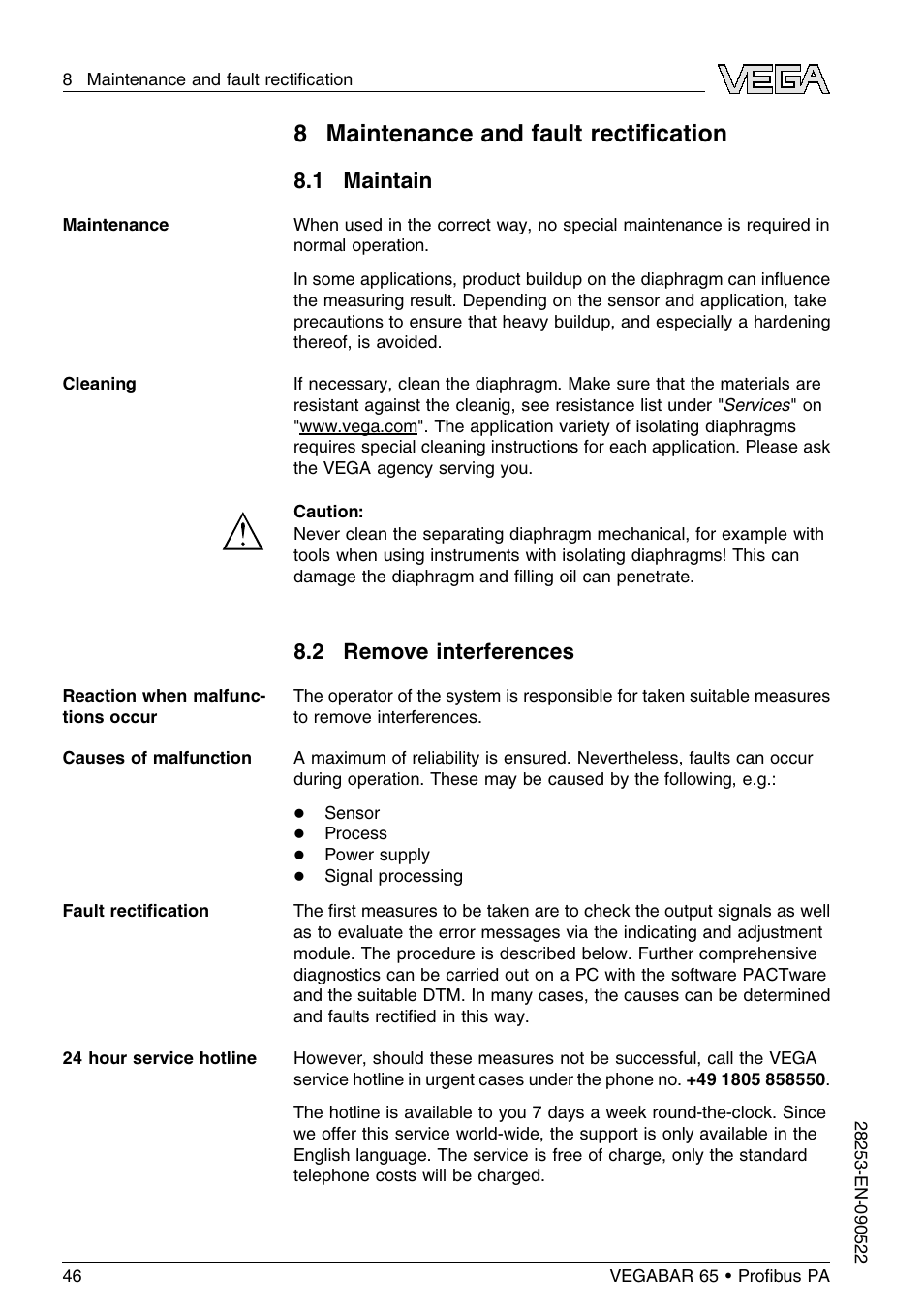 8 maintenance and fault rectification, 1 maintain, 2 remove interferences | 8maintenance and fault rectiﬁcation | VEGA VEGABAR 65 Proﬁbus PA User Manual | Page 46 / 76