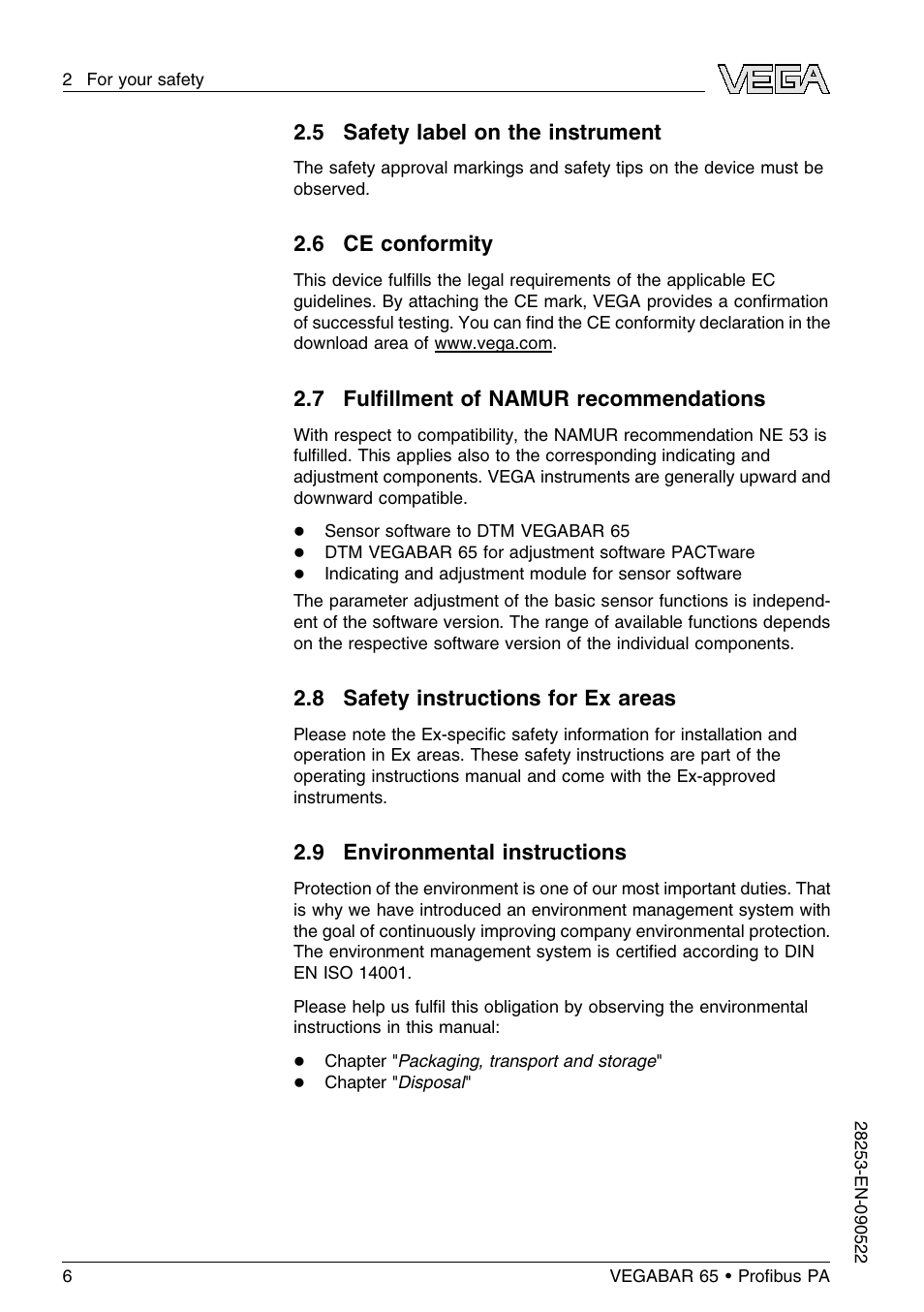 5 safety label on the instrument, 6 ce conformity, 7 fulfillment of namur recommendations | 8 safety instructions for ex areas, 9 environmental instructions | VEGA VEGABAR 65 Proﬁbus PA User Manual | Page 6 / 76