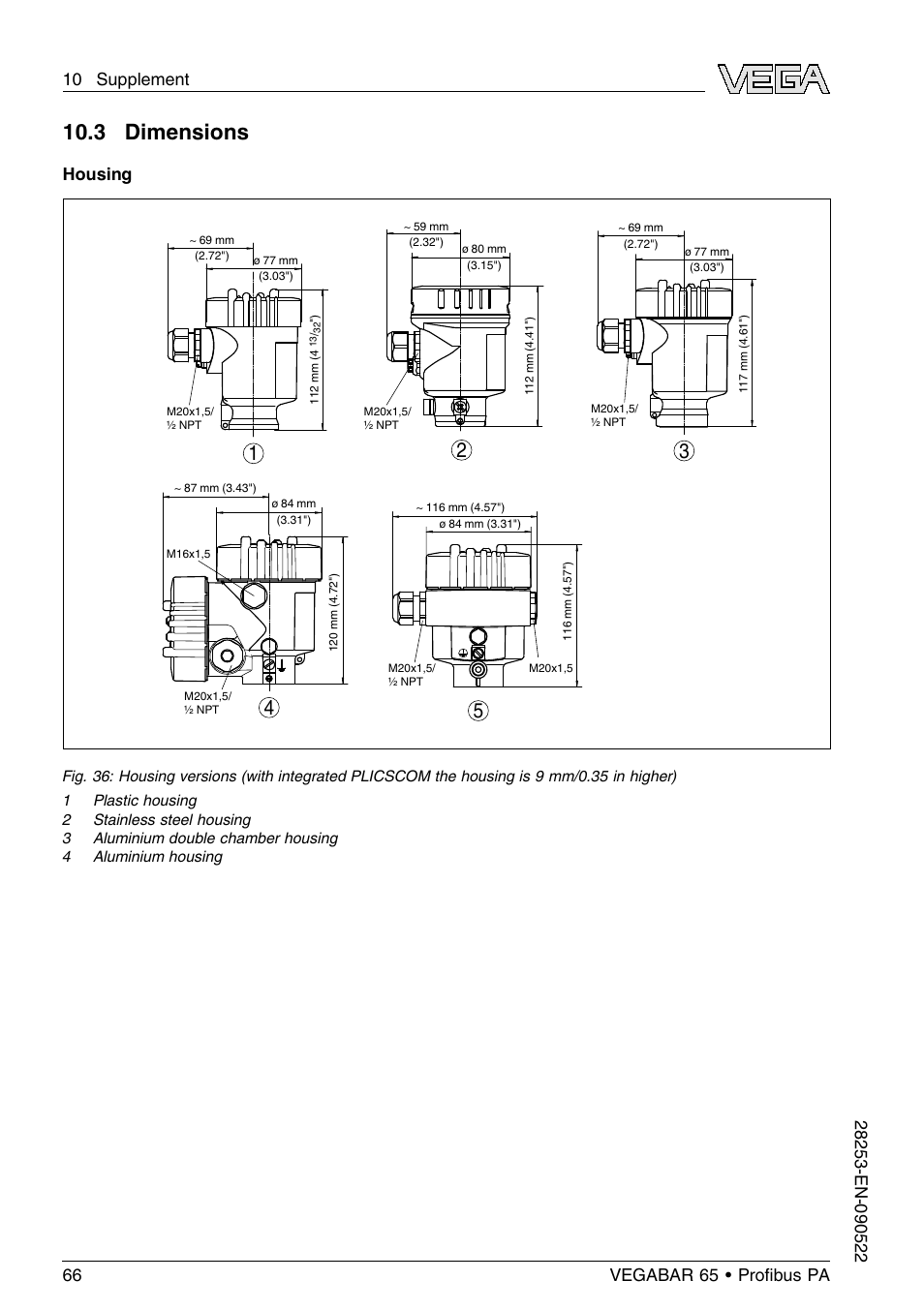 3 dimensions, 10 .3 dimensions, Housing | VEGA VEGABAR 65 Proﬁbus PA User Manual | Page 66 / 76