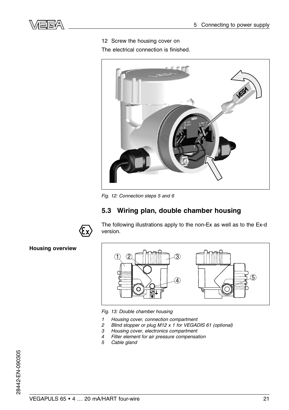 3 wiring plan, double chamber housing | VEGA VEGAPULS 65 (≥ 2.0.0 - ≤ 3.8) 4 … 20 mA_HART four-wire User Manual | Page 21 / 56