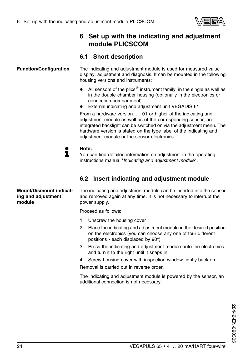 1 short description, 2 insert indicating and adjustment module | VEGA VEGAPULS 65 (≥ 2.0.0 - ≤ 3.8) 4 … 20 mA_HART four-wire User Manual | Page 24 / 56