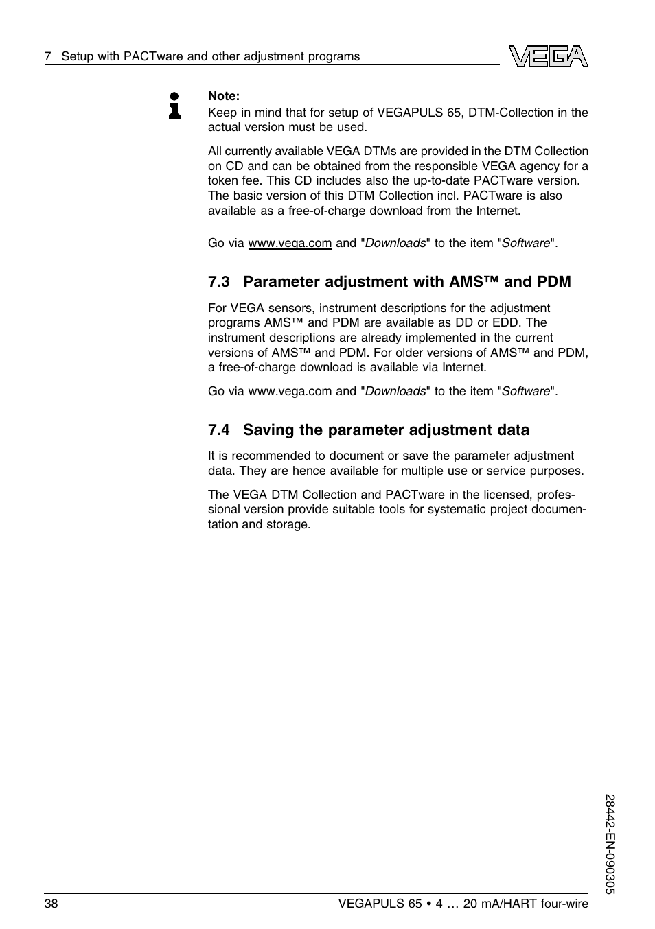 3 parameter adjustment with ams™ and pdm, 4 saving the parameter adjustment data | VEGA VEGAPULS 65 (≥ 2.0.0 - ≤ 3.8) 4 … 20 mA_HART four-wire User Manual | Page 38 / 56