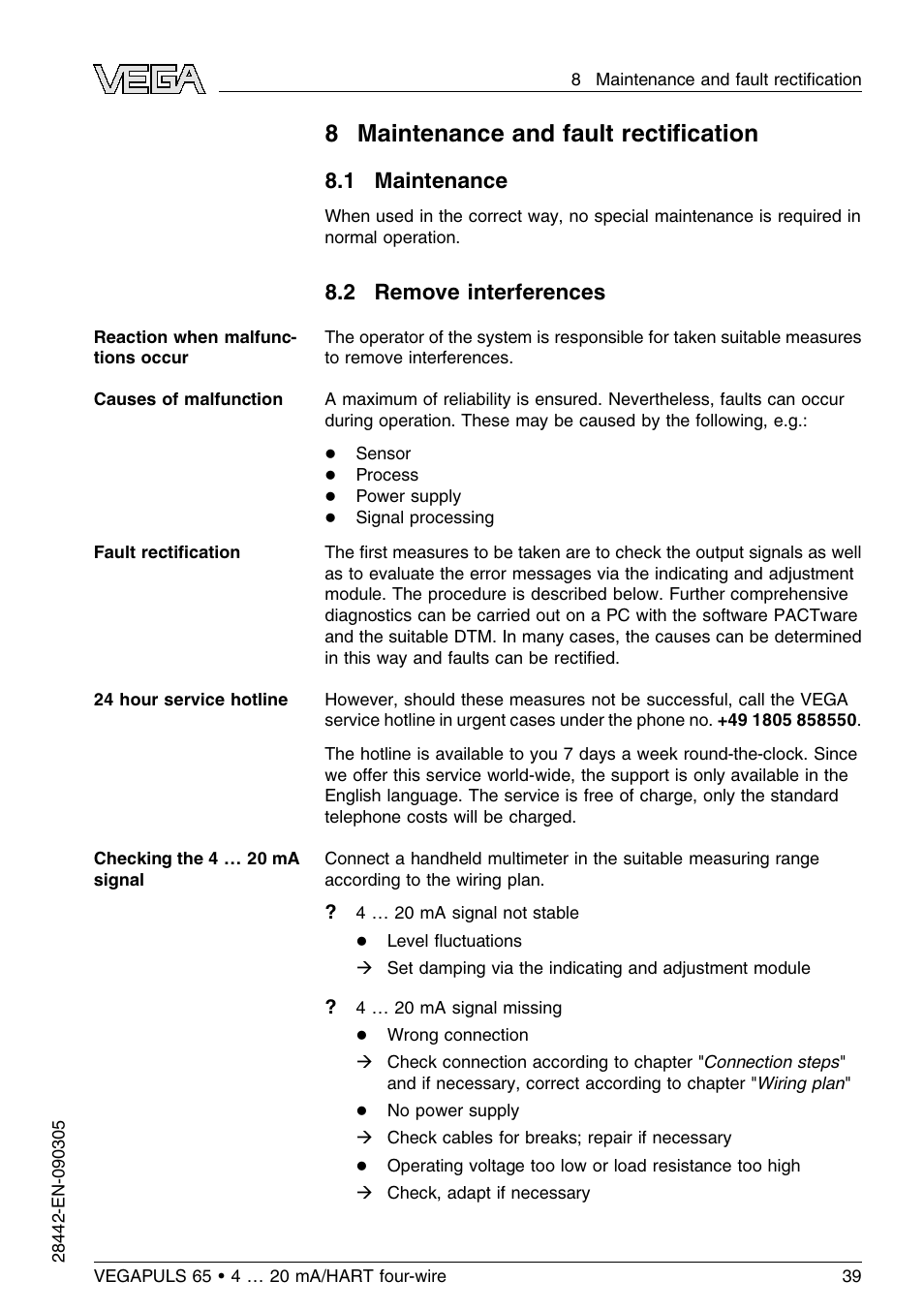 8 maintenance and fault rectification, 1 maintenance, 2 remove interferences | 8 maintenance and fault rectiﬁcation | VEGA VEGAPULS 65 (≥ 2.0.0 - ≤ 3.8) 4 … 20 mA_HART four-wire User Manual | Page 39 / 56