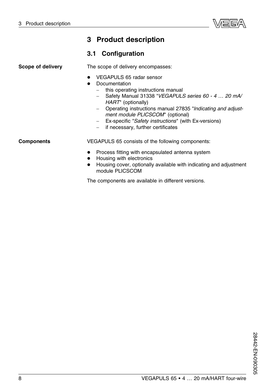 3 product description, 1 configuration, 1 conﬁguration | VEGA VEGAPULS 65 (≥ 2.0.0 - ≤ 3.8) 4 … 20 mA_HART four-wire User Manual | Page 8 / 56