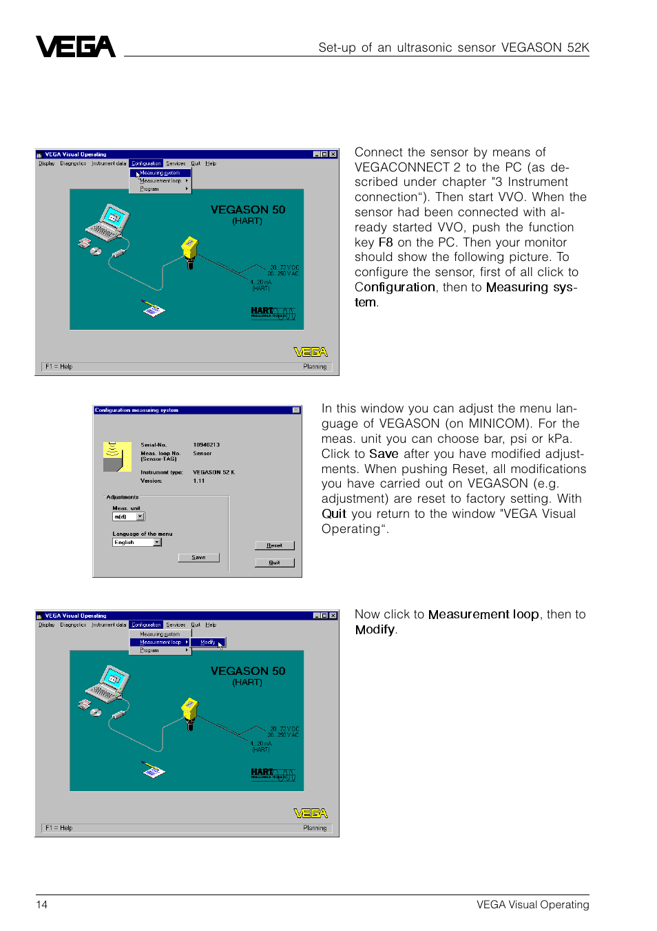 6 set-up of an ultrasonic sensor vegason 52k, 1 configure sensor | VEGA VVO VEGA Visual Operating User Manual | Page 14 / 64