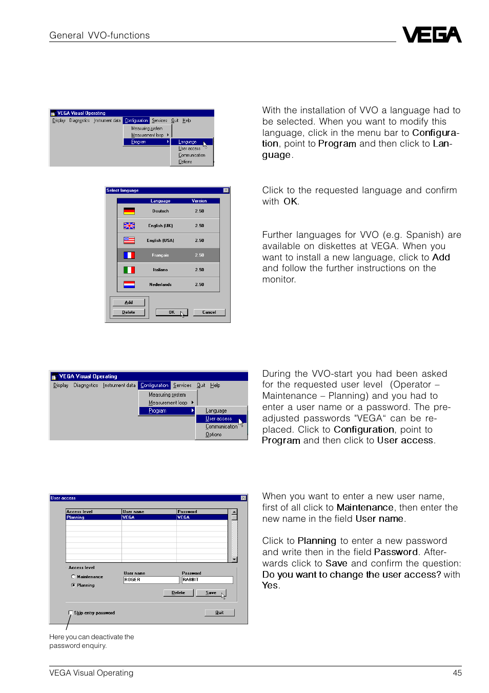 12 general vvo-functions, 1 language, 2 user access | VEGA VVO VEGA Visual Operating User Manual | Page 45 / 64