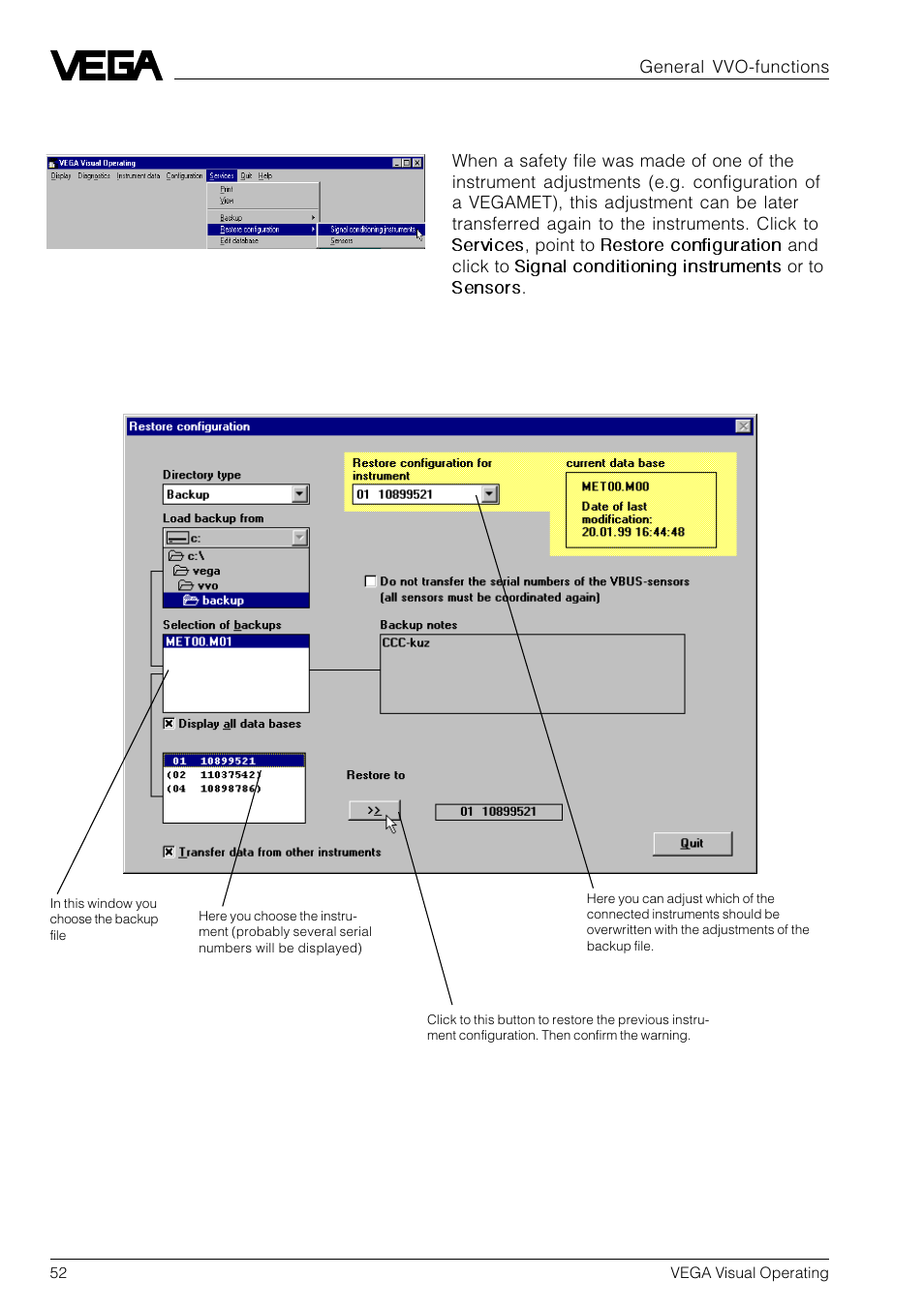 Restore configuration | VEGA VVO VEGA Visual Operating User Manual | Page 52 / 64
