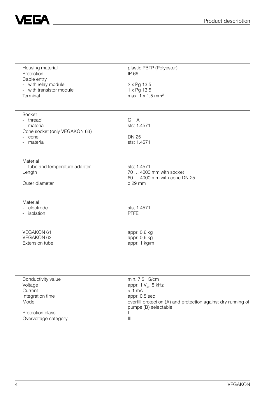 4 technical data | VEGA VEGAKON 63 User Manual | Page 4 / 12