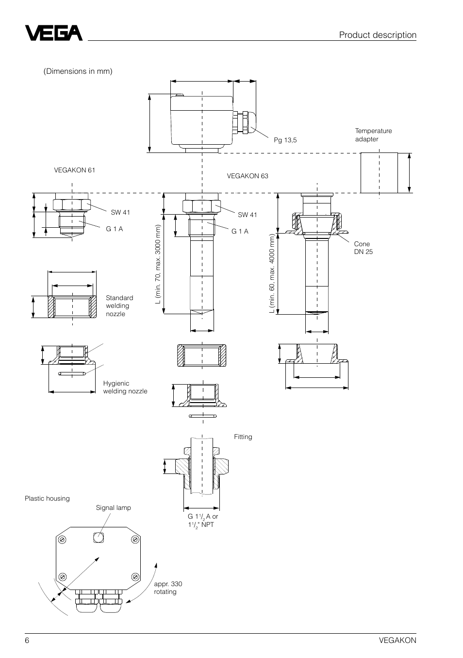 5 dimensions, Product description | VEGA VEGAKON 63 User Manual | Page 6 / 12