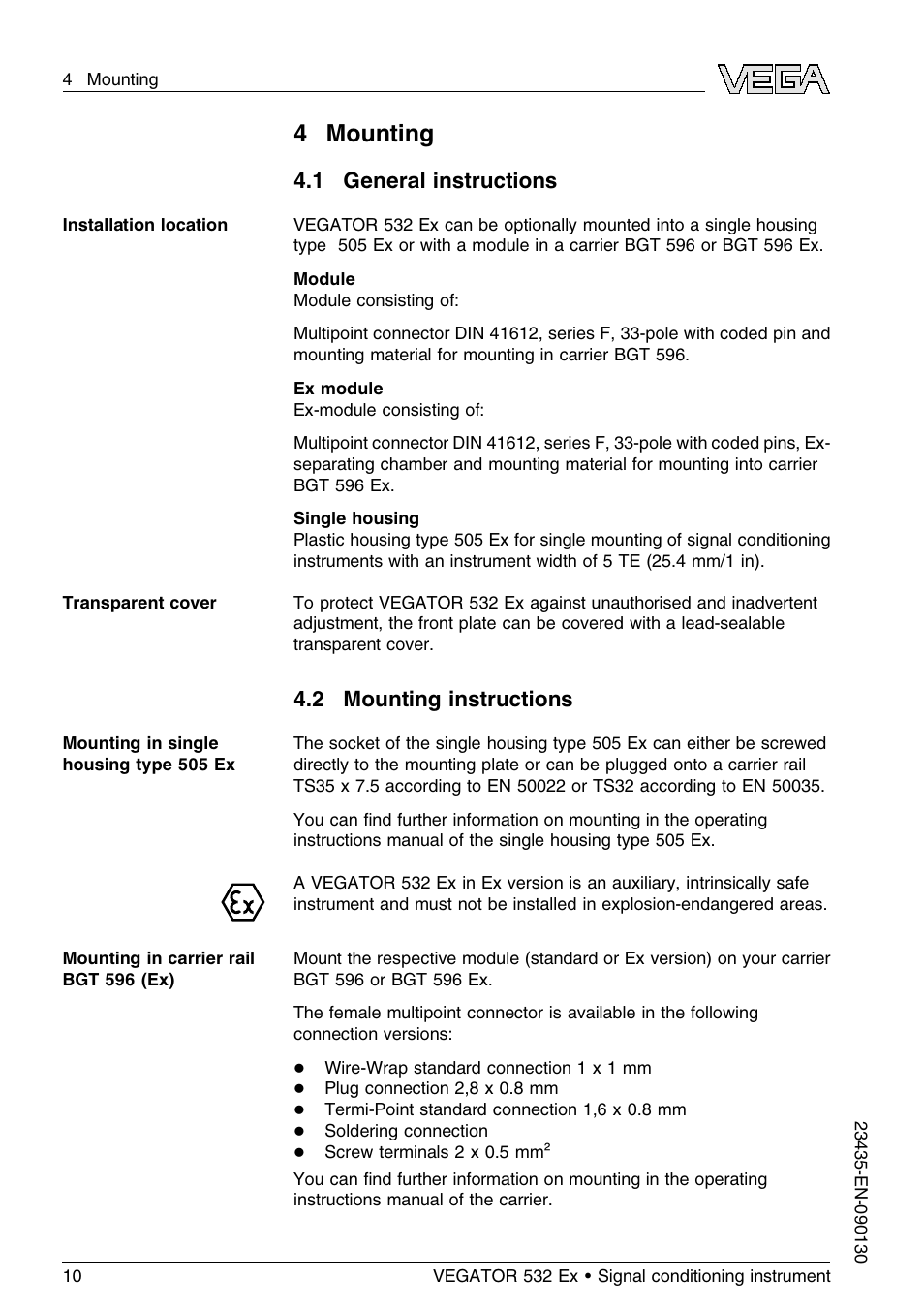 4 mounting, 1 general instructions, 2 mounting instructions | 4mounting | VEGA VEGATOR 532 Ex User Manual | Page 10 / 32