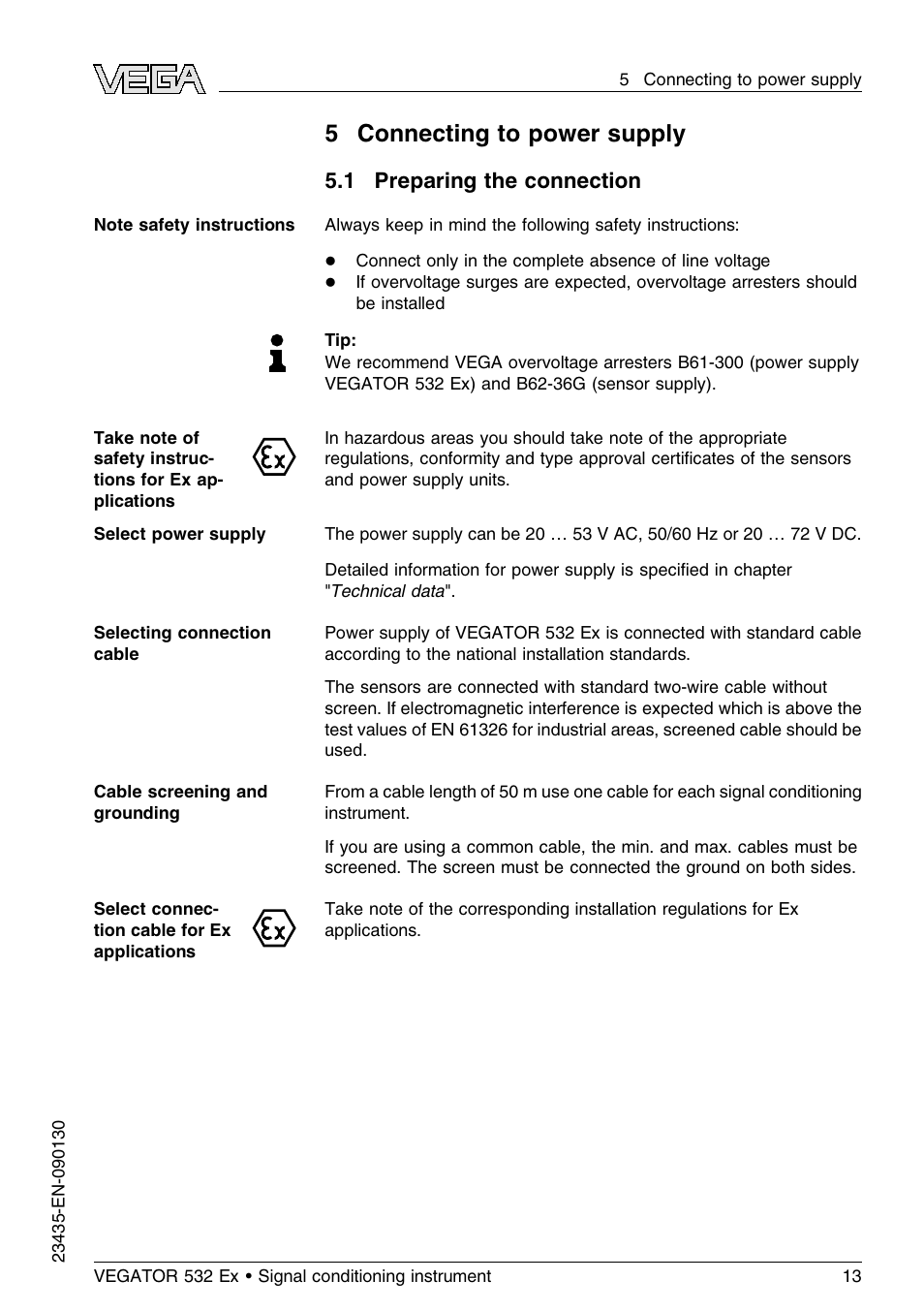 5 connecting to power supply, 1 preparing the connection, 5connecting to power supply | VEGA VEGATOR 532 Ex User Manual | Page 13 / 32