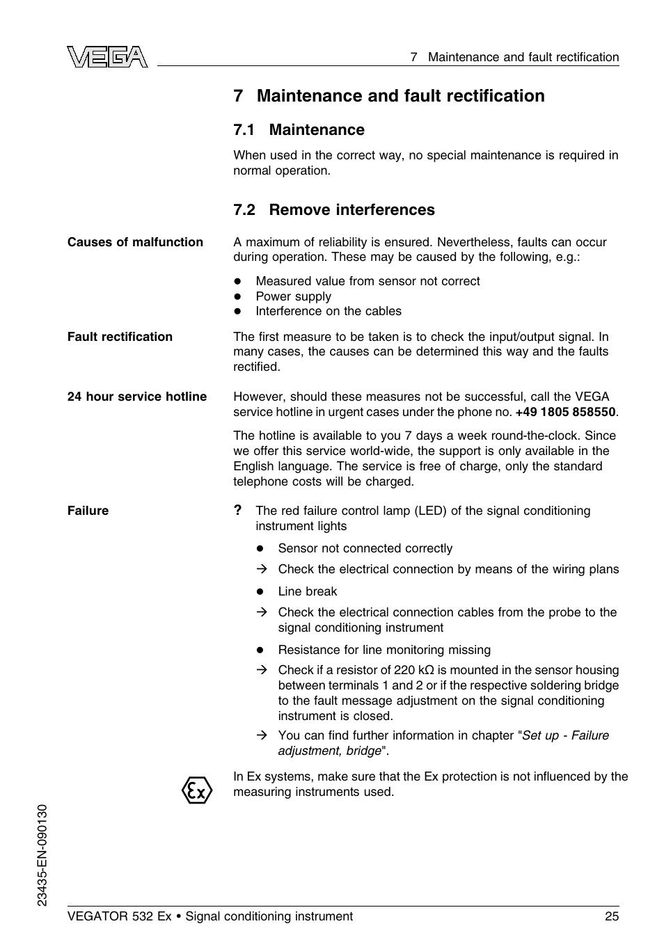 7 maintenance and fault rectification, 1 maintenance, 2 remove interferences | 7maintenance and fault rectiﬁcation | VEGA VEGATOR 532 Ex User Manual | Page 25 / 32