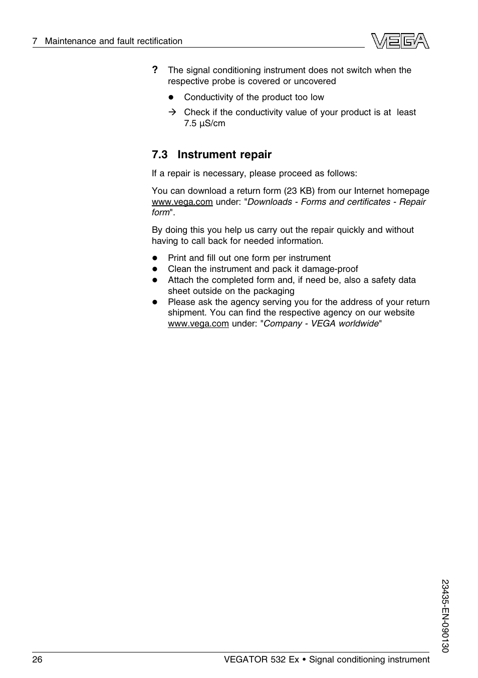 3 instrument repair | VEGA VEGATOR 532 Ex User Manual | Page 26 / 32