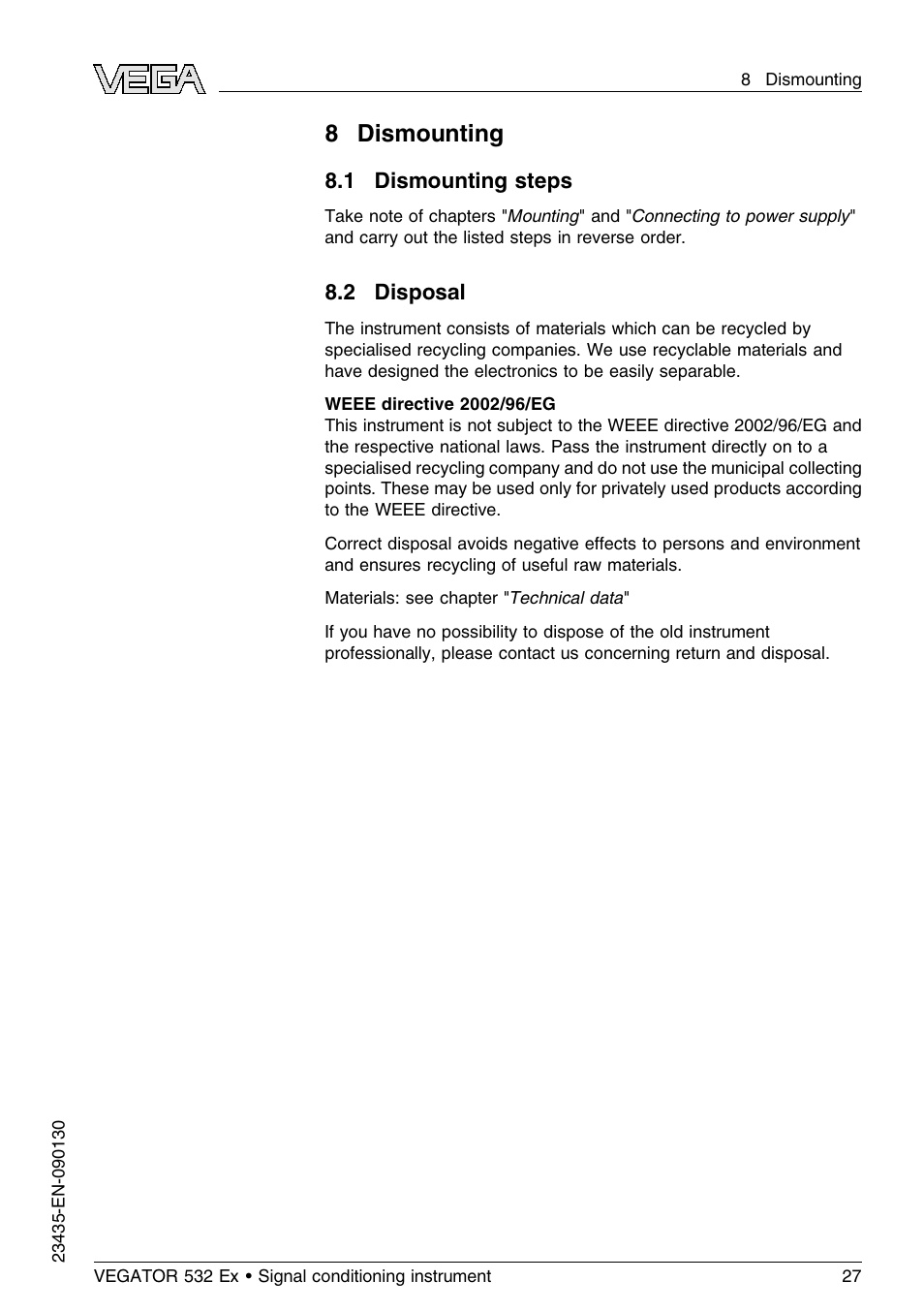 8 dismounting, 1 dismounting steps, 2 disposal | 8dismounting | VEGA VEGATOR 532 Ex User Manual | Page 27 / 32