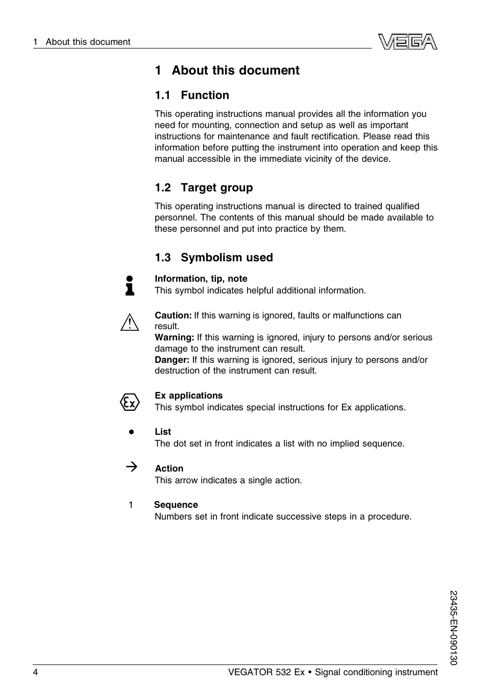 1 about this document, 1 function, 2 target group | 3 symbolism used, 1about this document | VEGA VEGATOR 532 Ex User Manual | Page 4 / 32