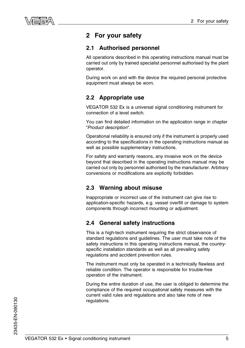 2 for your safety, 1 authorised personnel, 2 appropriate use | 3 warning about misuse, 4 general safety instructions, 2for your safety | VEGA VEGATOR 532 Ex User Manual | Page 5 / 32