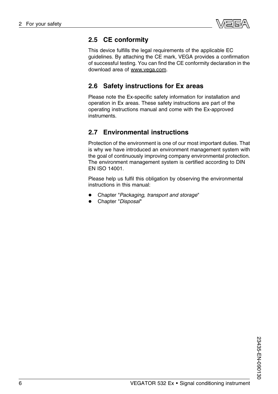 5 ce conformity, 6 safety instructions for ex areas, 7 environmental instructions | VEGA VEGATOR 532 Ex User Manual | Page 6 / 32