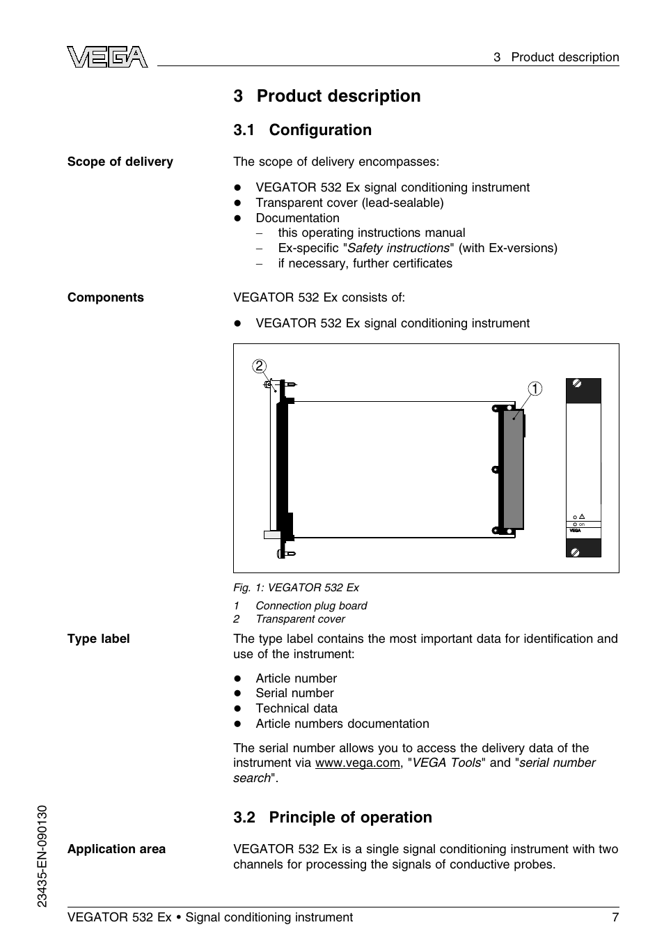3 product description, 1 configuration, 2 principle of operation | 3product description, 1 conﬁguration | VEGA VEGATOR 532 Ex User Manual | Page 7 / 32