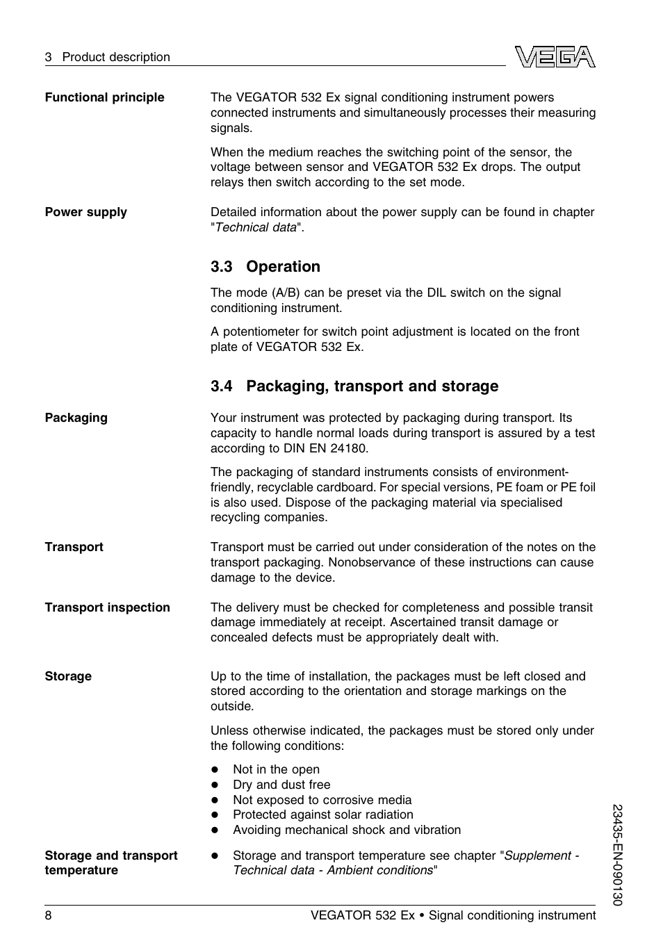 3 operation, 4 packaging, transport and storage | VEGA VEGATOR 532 Ex User Manual | Page 8 / 32