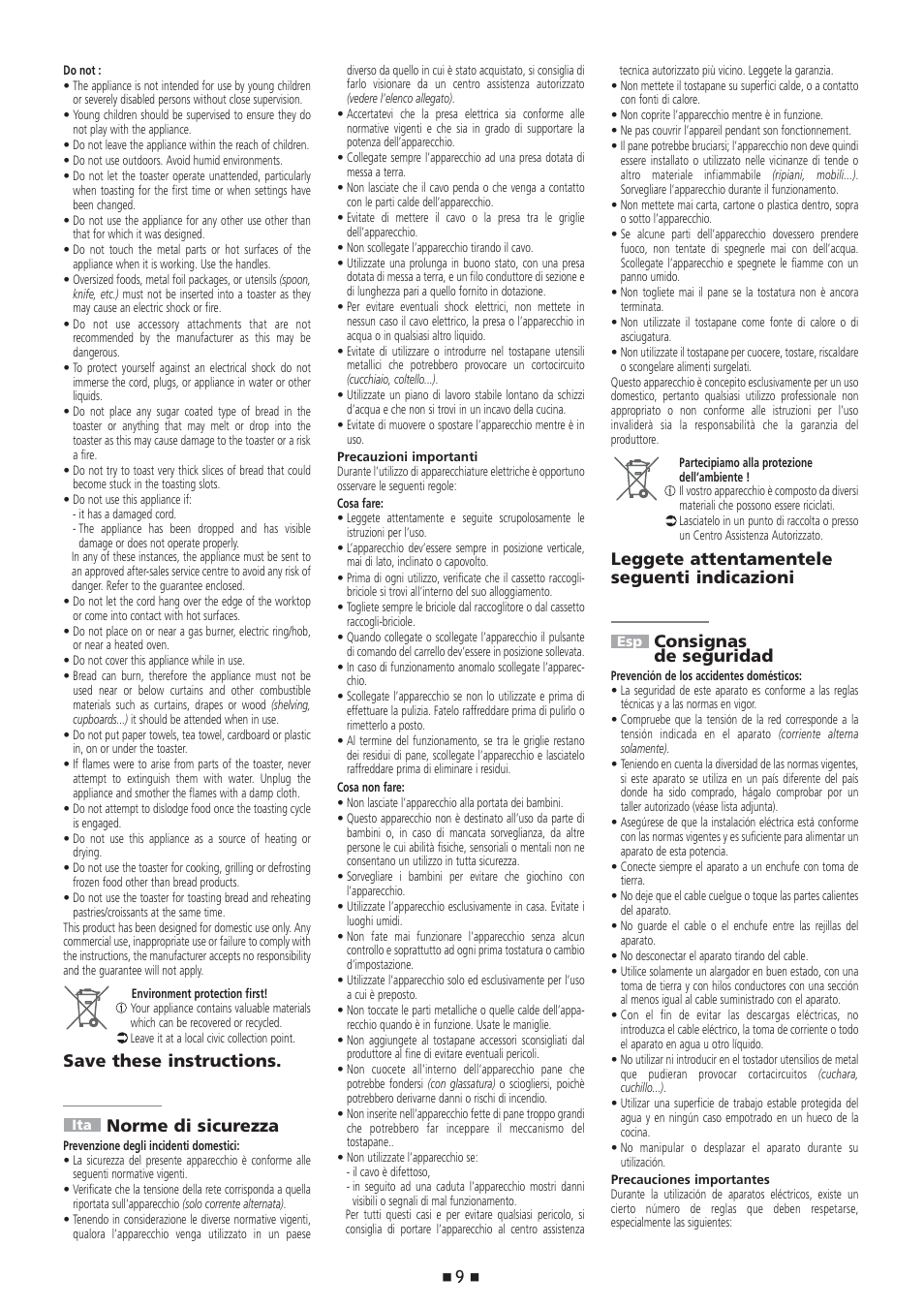 Save these instructions. norme di sicurezza | Tefal Avanti Hi-Speed TT 7041 User Manual | Page 10 / 18
