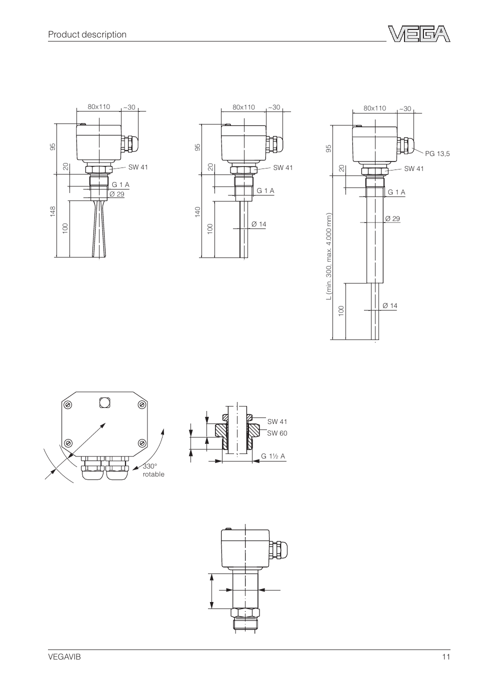 5 dimensions, Product description, Housing lock fitting unpressurised | VEGA VEGAVIB 31-53 User Manual | Page 11 / 20