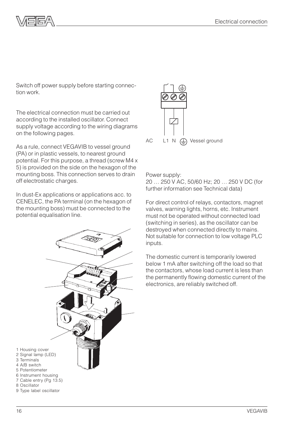3 electrical connection, 1 connection instructions vegavib, 2 wiring plan vegavib | Non-contact electronic switch (vib e40 c, e50 c) | VEGA VEGAVIB 31-53 User Manual | Page 16 / 20