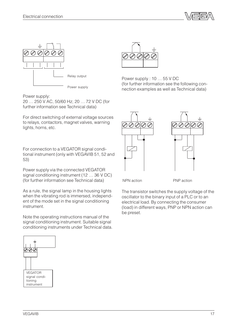 Two-wire output (vib e50 z), Connection examples, Floating transistor output (vib e40 t, e50 t) | VEGA VEGAVIB 31-53 User Manual | Page 17 / 20