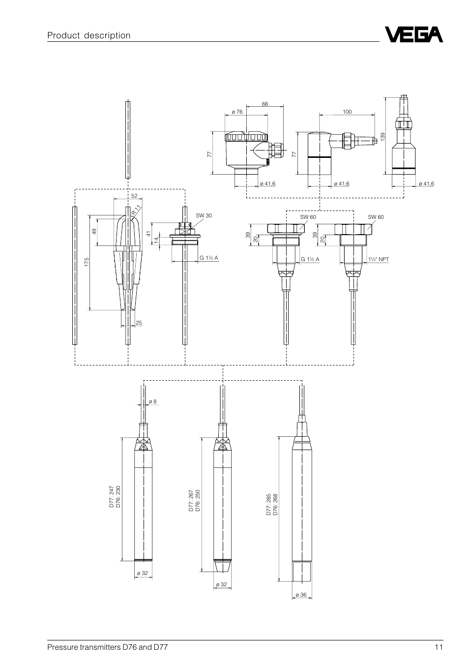 3 dimensions, Product description | VEGA D77 Hydrostatic pressure transmitters User Manual | Page 11 / 24