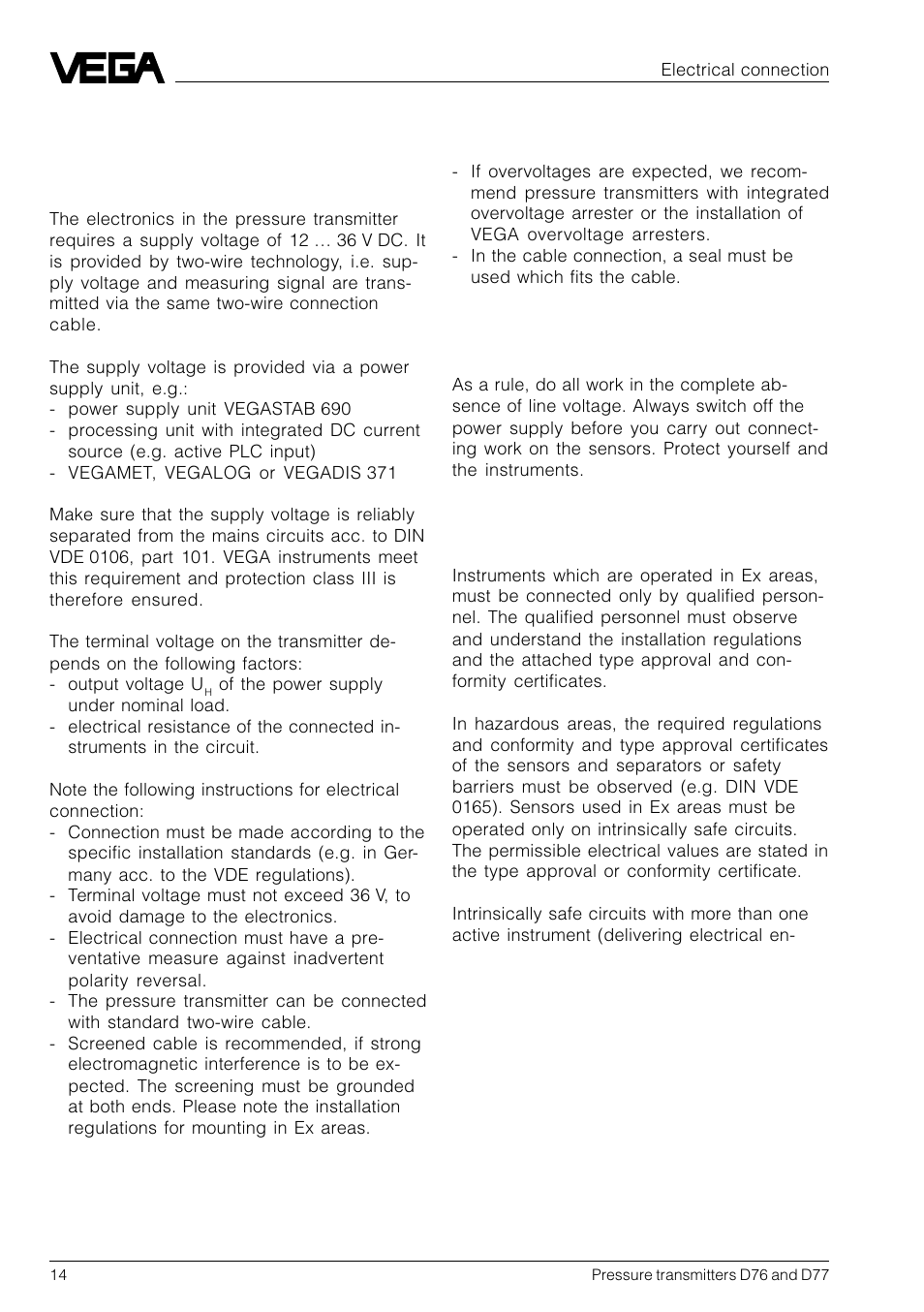 4 electrical connection, 1 connection instructions | VEGA D77 Hydrostatic pressure transmitters User Manual | Page 14 / 24