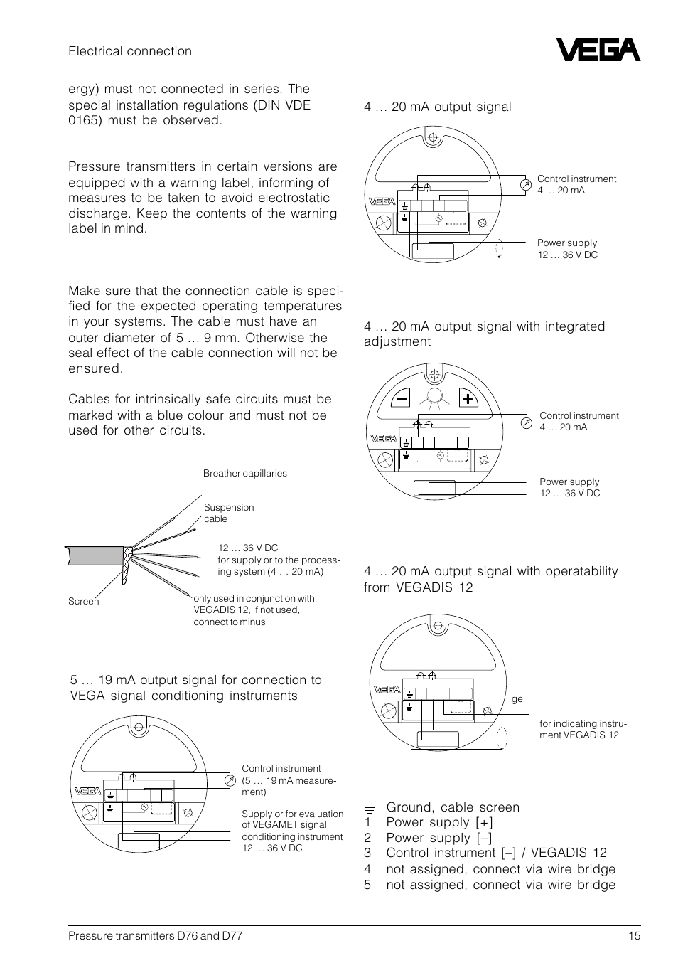 2 terminal assignment, 20ma, Electronics version a | Electronics version c, Electronics version d, Electronics version e, Electrical connection, Direct cable outlet, 4 … 20 ma output signal, 4 … 20 ma output signal with integrated adjustment | VEGA D77 Hydrostatic pressure transmitters User Manual | Page 15 / 24