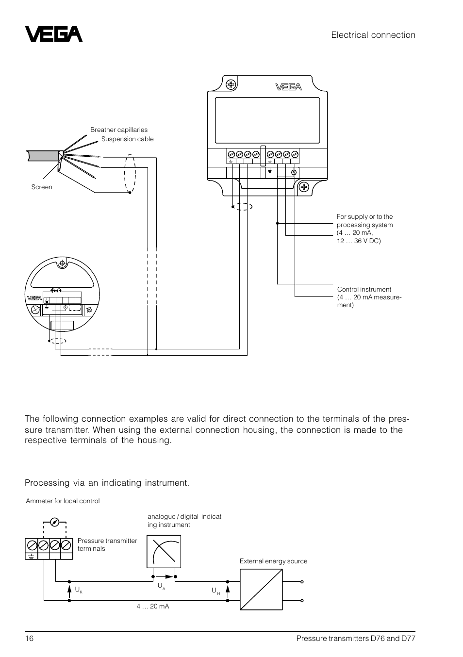 4 connection examples, 3 connection to vegabox 01, Electrical connection | 20ma | VEGA D77 Hydrostatic pressure transmitters User Manual | Page 16 / 24