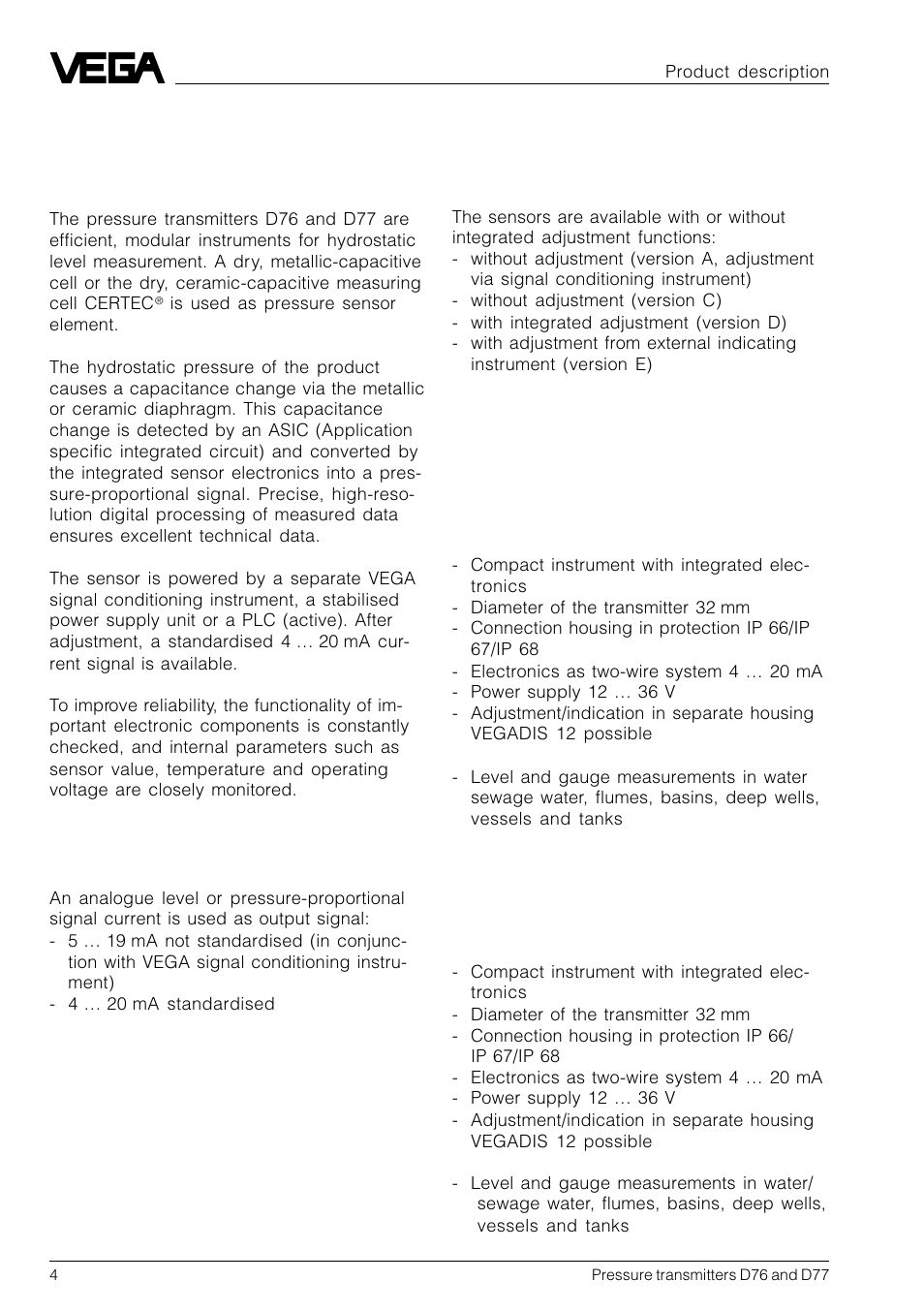 1 product description, 1 function and configuration, 2 types and versions | VEGA D77 Hydrostatic pressure transmitters User Manual | Page 4 / 24