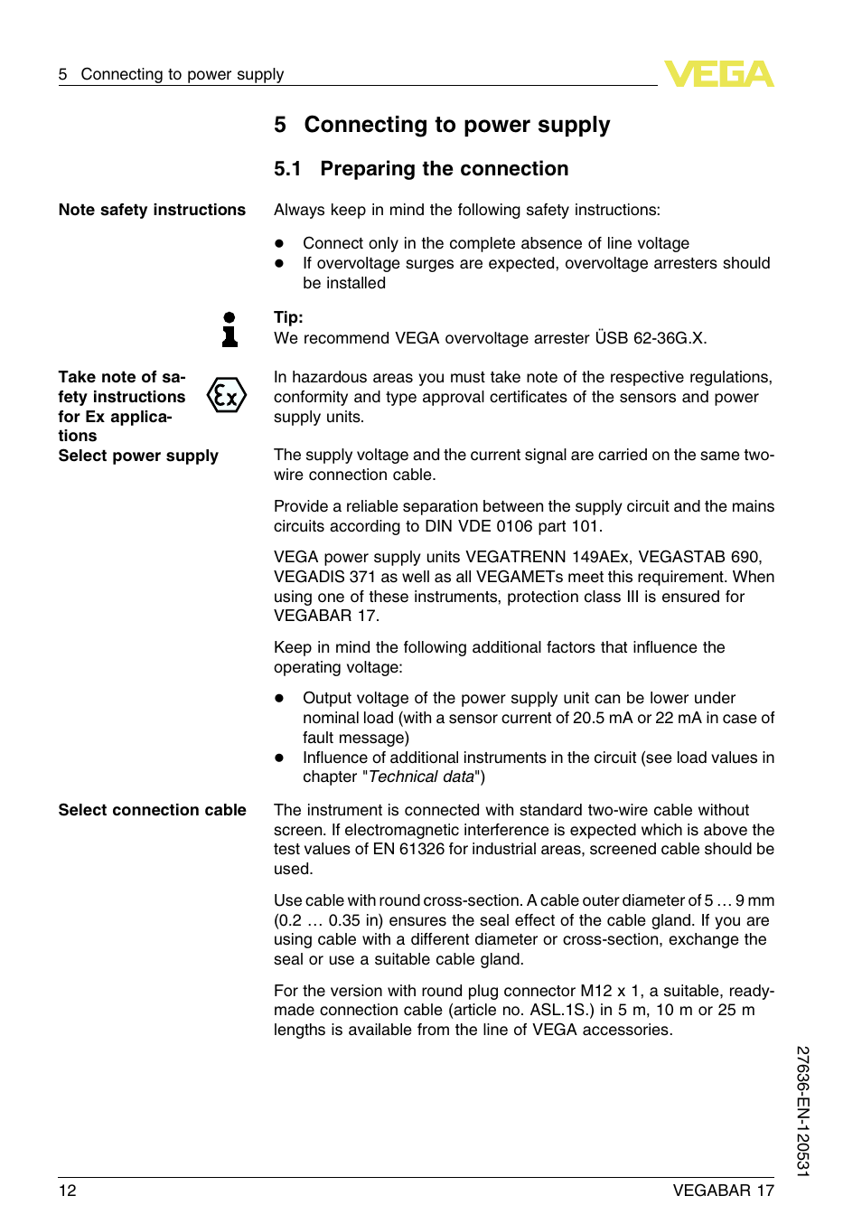 5 connecting to power supply, 1 preparing the connection, 5connecting to power supply | VEGA VEGABAR 17 User Manual | Page 12 / 36