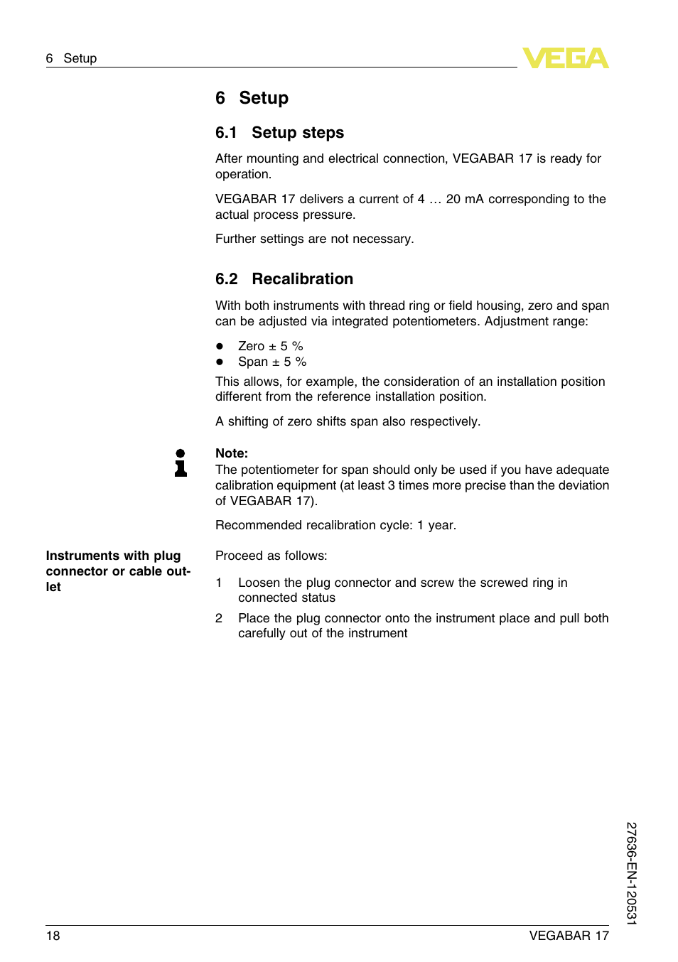 6 setup, 1 setup steps, 2 recalibration | 6setup | VEGA VEGABAR 17 User Manual | Page 18 / 36