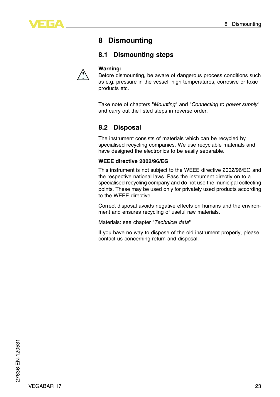 8 dismounting, 1 dismounting steps, 2 disposal | 8dismounting | VEGA VEGABAR 17 User Manual | Page 23 / 36