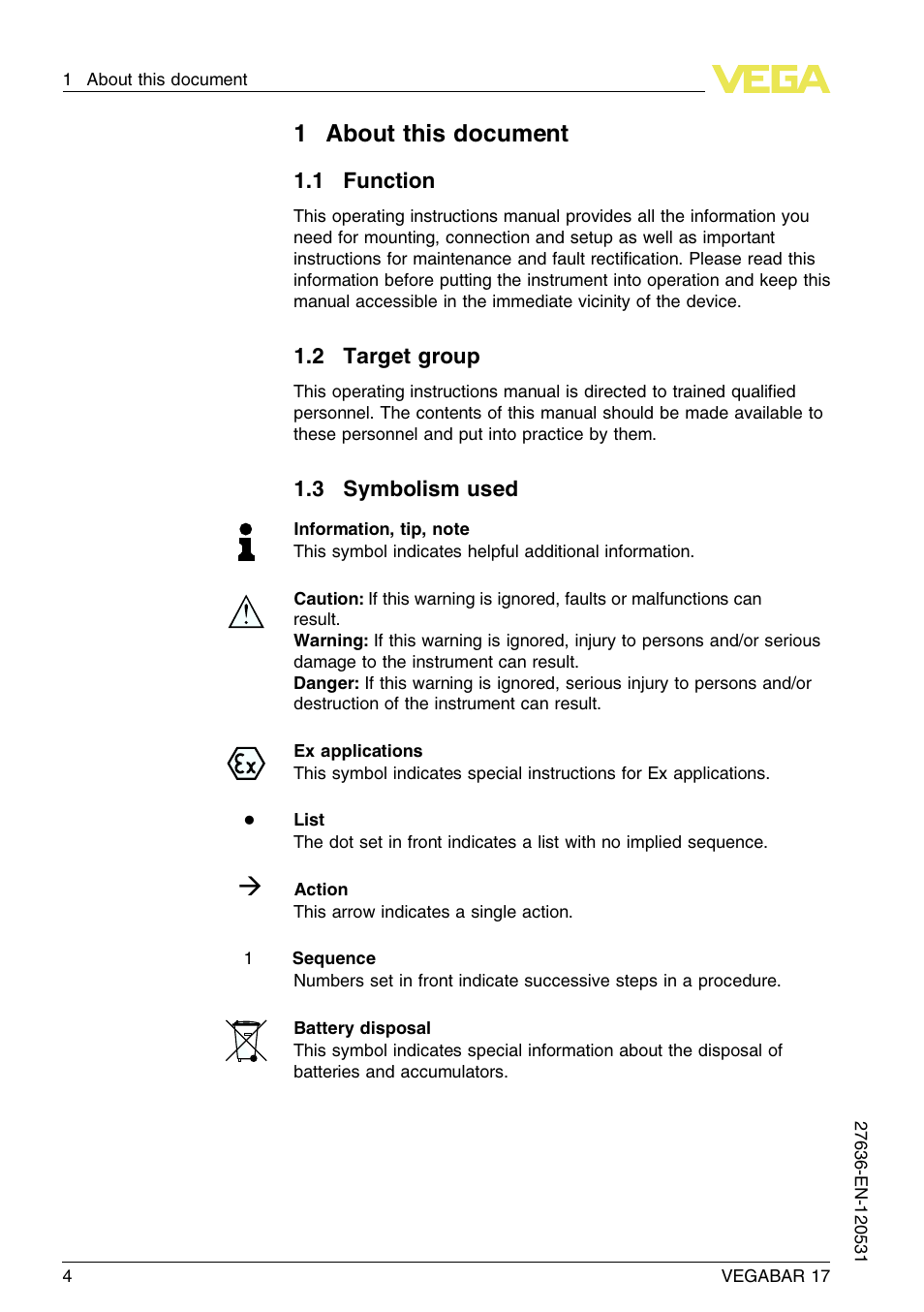 1 about this document, 1 function, 2 target group | 3 symbolism used, 1about this document | VEGA VEGABAR 17 User Manual | Page 4 / 36