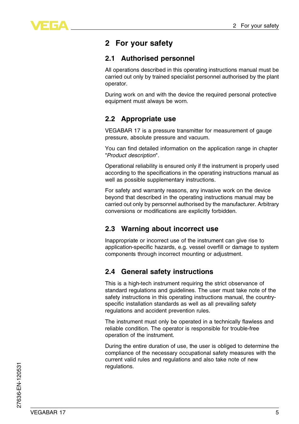 2 for your safety, 1 authorised personnel, 2 appropriate use | 3 warning about incorrect use, 4 general safety instructions, 2for your safety | VEGA VEGABAR 17 User Manual | Page 5 / 36