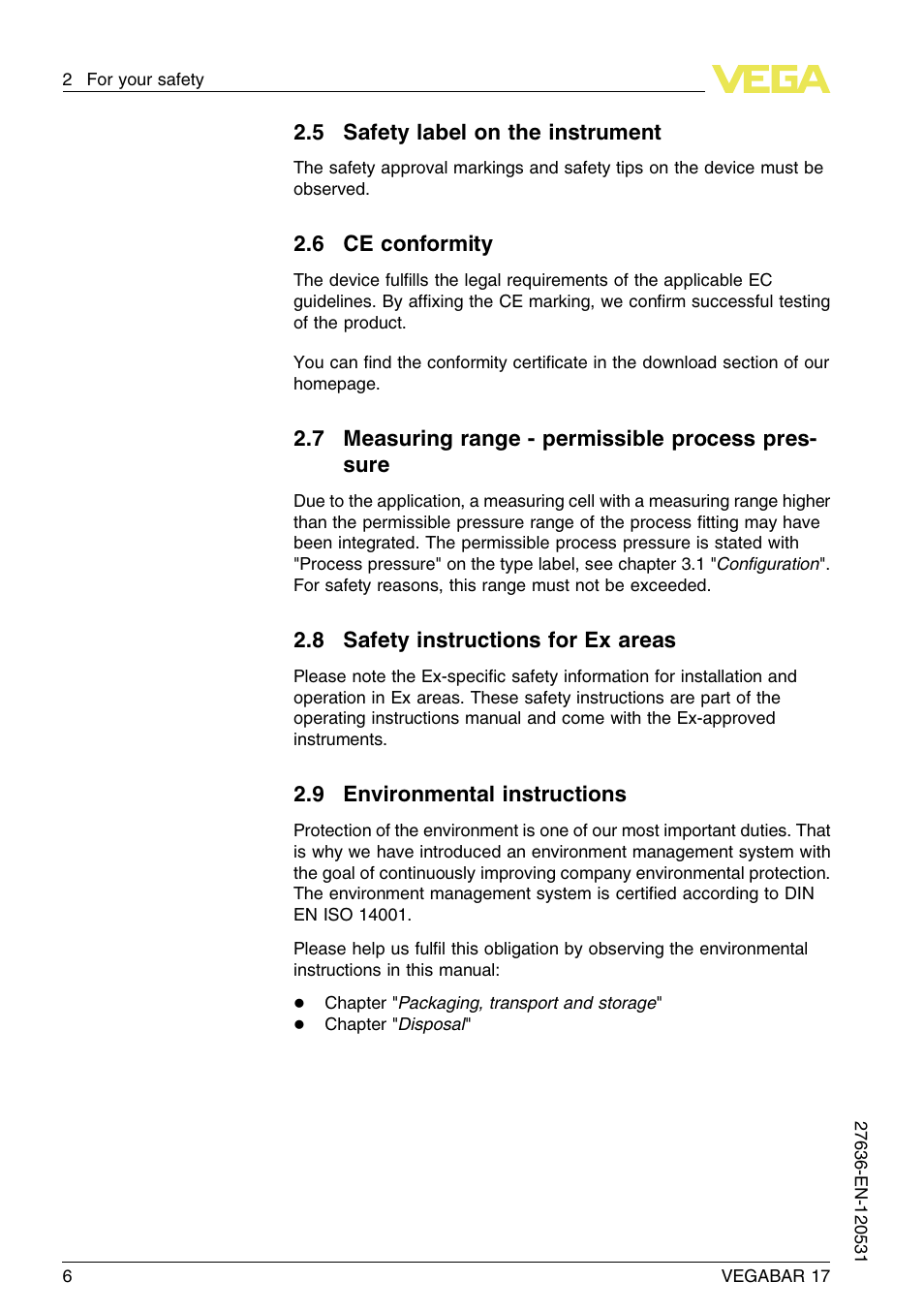 5 safety label on the instrument, 6 ce conformity, 7 measuring range – permissible process pressure | 8 safety instructions for ex areas, 9 environmental instructions | VEGA VEGABAR 17 User Manual | Page 6 / 36