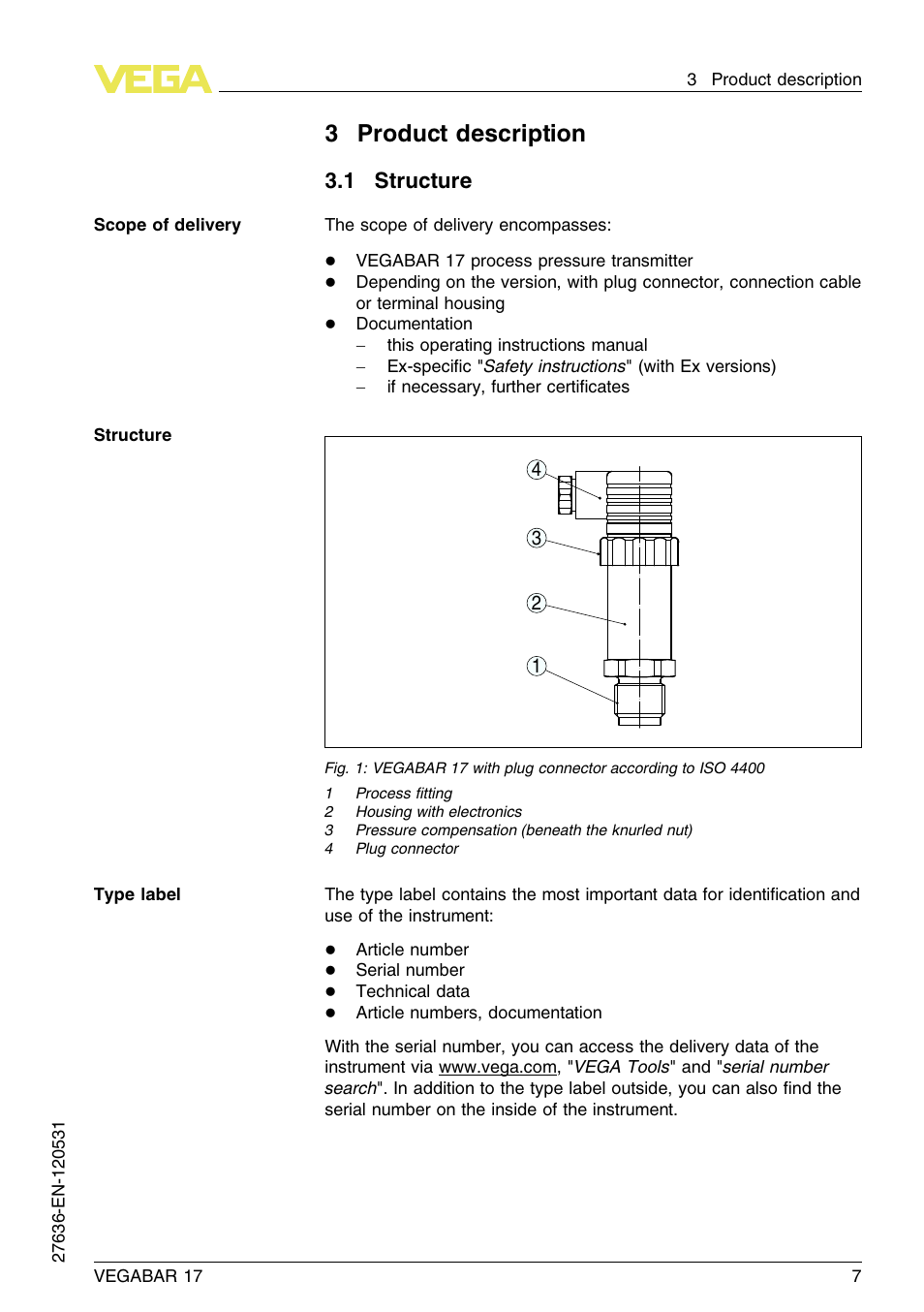 3 product description, 1 structure, 3product description | VEGA VEGABAR 17 User Manual | Page 7 / 36