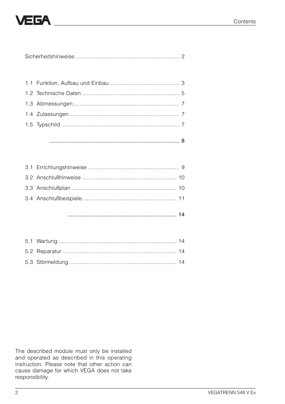 VEGA VEGATRENN 548 V Ex User Manual | Page 2 / 16