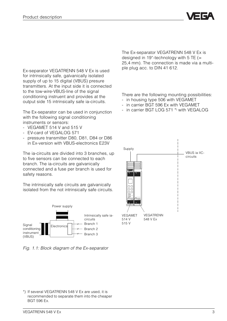 1 produktbeschreibung, 1 funktion, aufbau und einbau, 1 product description | 1 function, configuration and mounting, Function, Configuration, Mounting | VEGA VEGATRENN 548 V Ex User Manual | Page 3 / 16