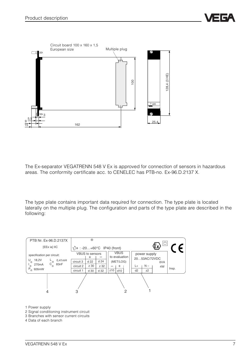 3 abmessungen, 4 zulassungen, 5 typschild | Vega trenn 548 v ex, 3 dimensions 1.4 approvals, 5 type plate, Product description | VEGA VEGATRENN 548 V Ex User Manual | Page 7 / 16