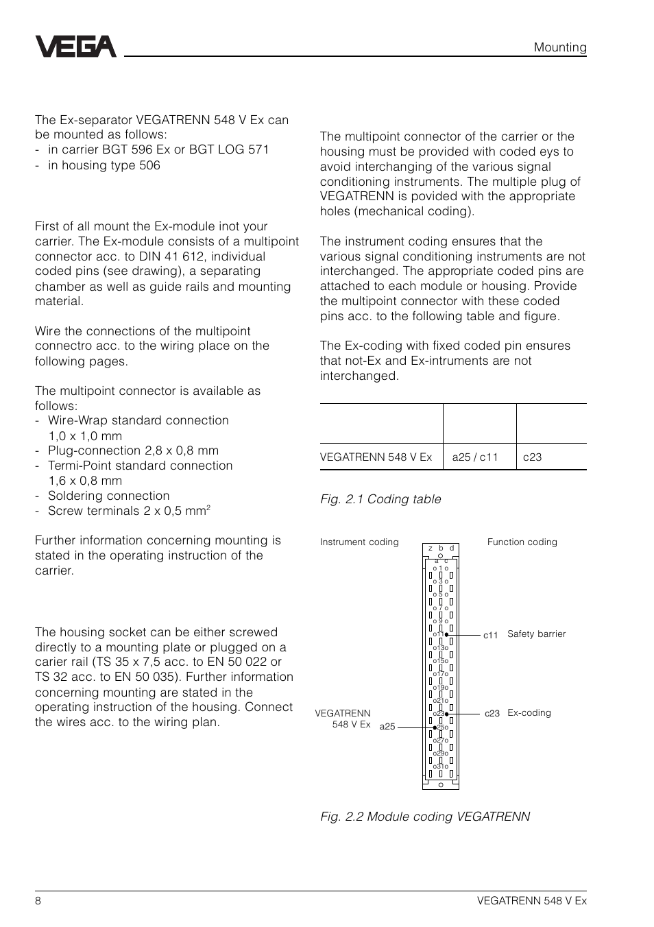2 montage, 2 mounting, Mounting in carrier | Mounting in single housing, Coding, Mounting, Fig. 2.1 coding table, Fig. 2.2 module coding vegatrenn | VEGA VEGATRENN 548 V Ex User Manual | Page 8 / 16