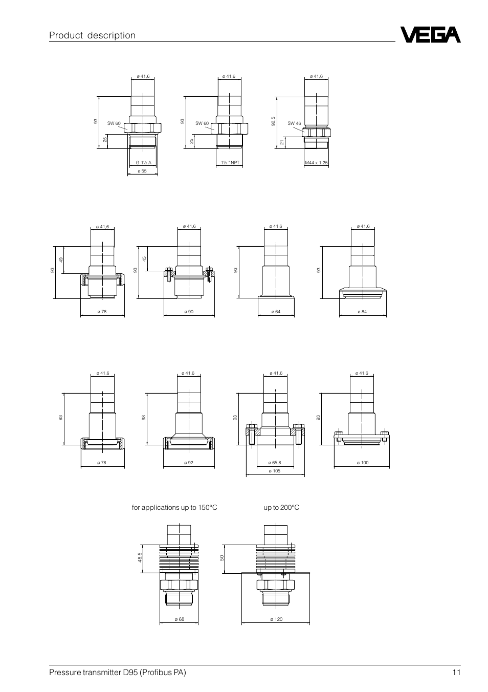 Product description process connections, Pressure transmitter d95 (profibus pa) 11 | VEGA D95 Profibus PA User Manual | Page 11 / 36