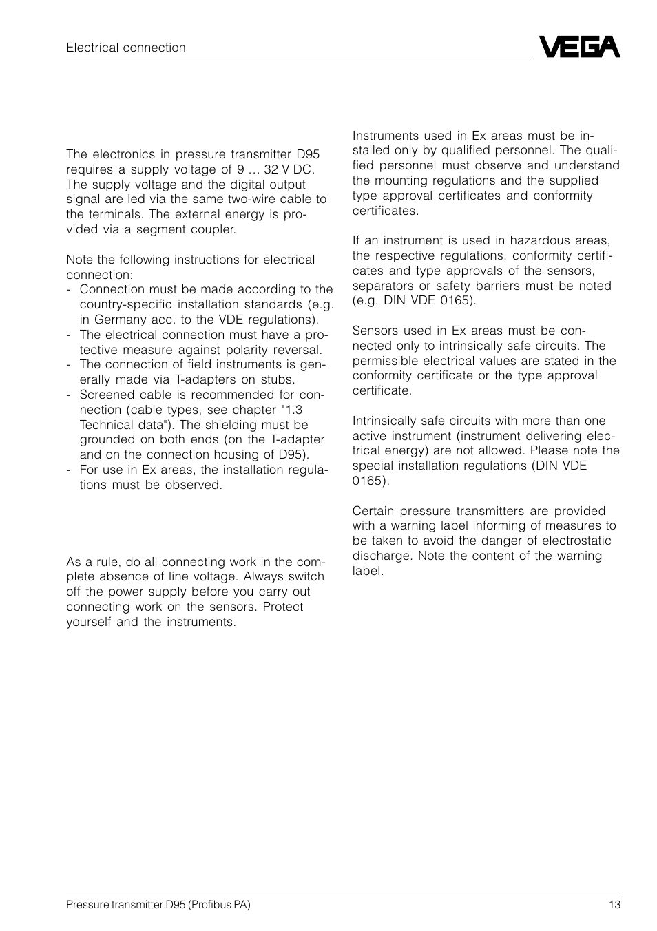 3 electrical connection, 1 connection instructions | VEGA D95 Profibus PA User Manual | Page 13 / 36