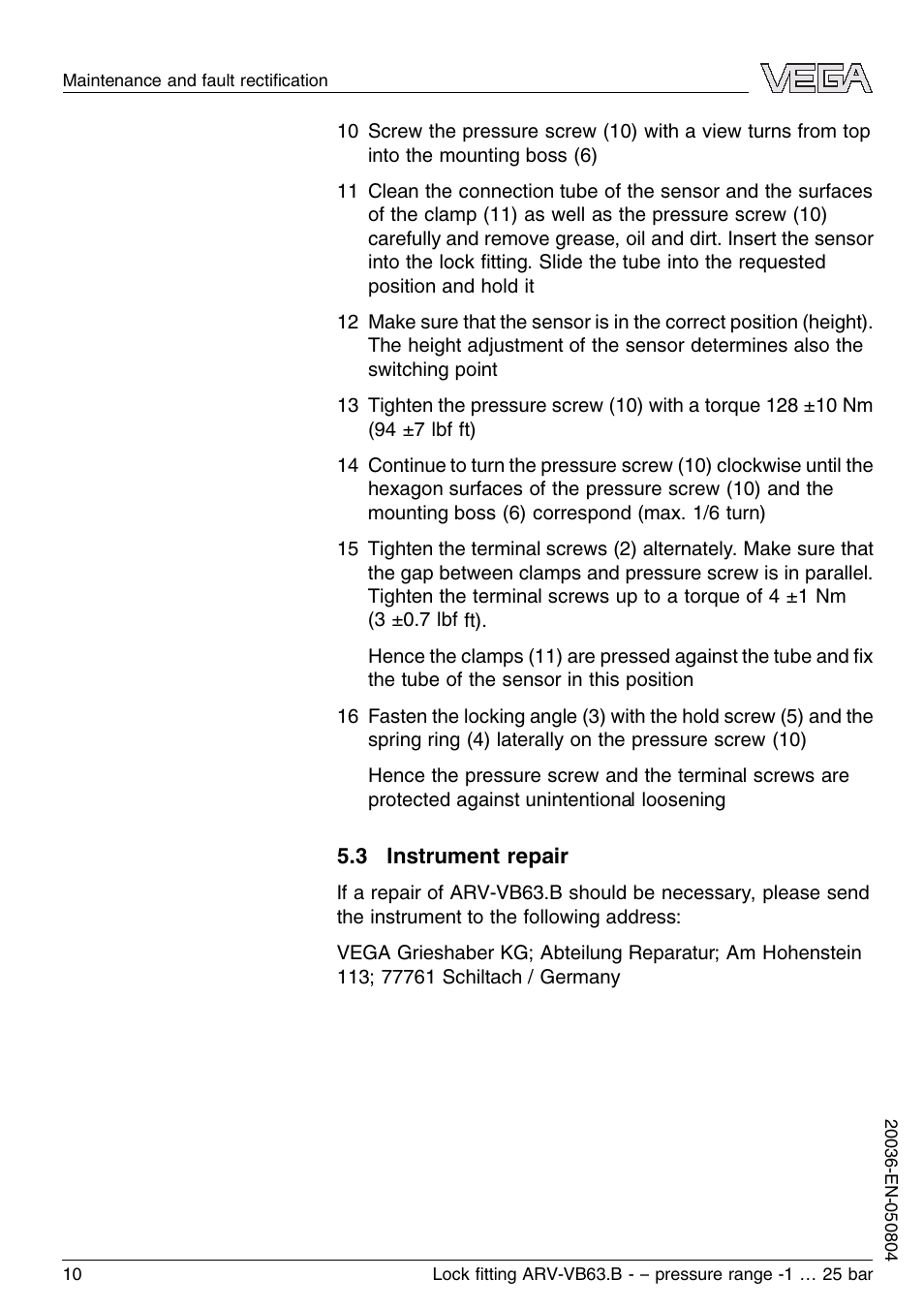 3 instrument repair | VEGA VEGAVIB 63 Lock ﬁtting ARV-VB63.B – pressure range: -1…25 bar User Manual | Page 10 / 16