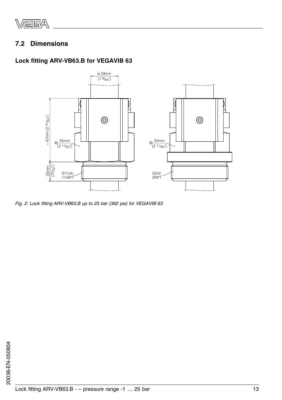 2 dimensions, Lock ﬁtting arv-vb63.b for vegavib 63 | VEGA VEGAVIB 63 Lock ﬁtting ARV-VB63.B – pressure range: -1…25 bar User Manual | Page 13 / 16