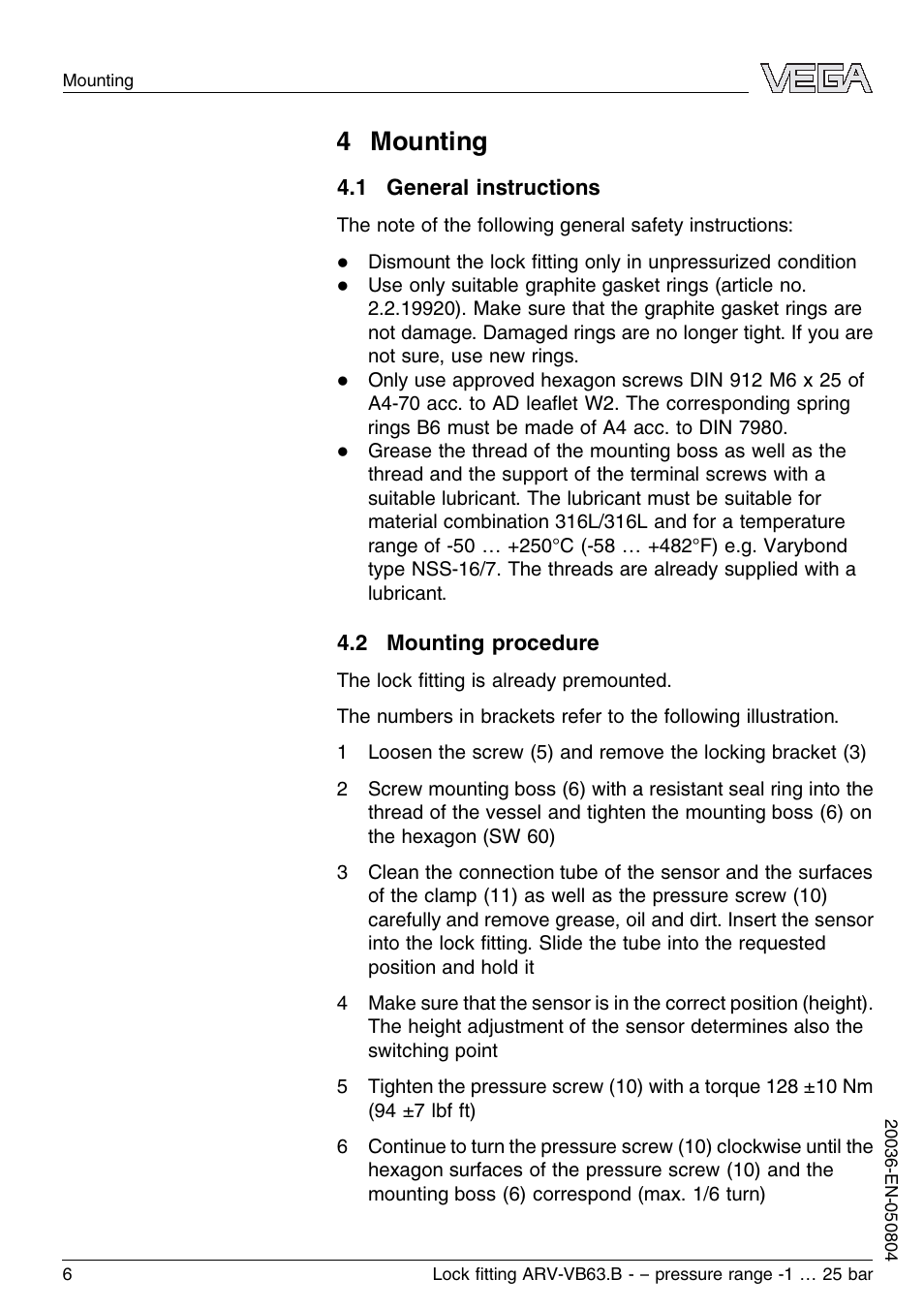 4 mounting, 1 general instructions, 2 mounting procedure | VEGA VEGAVIB 63 Lock ﬁtting ARV-VB63.B – pressure range: -1…25 bar User Manual | Page 6 / 16