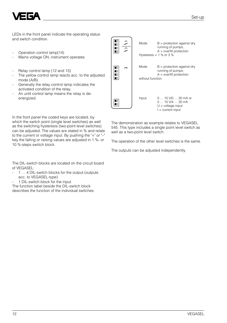 Set-up signal lamps, Coded key, Dil-switch block | Explanation of the function label | VEGA VEGASEL 543, 544, 545, 546, 547 User Manual | Page 12 / 16